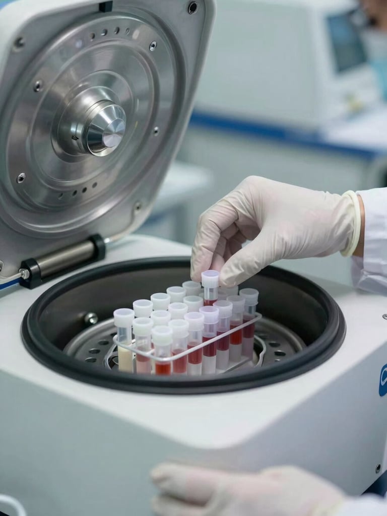 Close-up of a lab technician's gloved hands loading sample tubes into a centrifuge, bright clinical overhead lighting, stainless steel equipment in sharp focus, no faces visible
