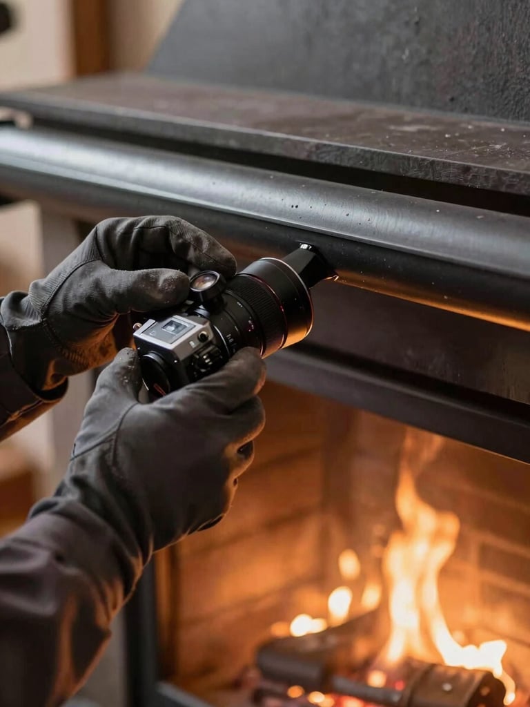 Portrait-oriented close-up of a technician's gloved hands carefully performing a flue liner inspection with a camera, warm glowing hearth interior, focused detail.