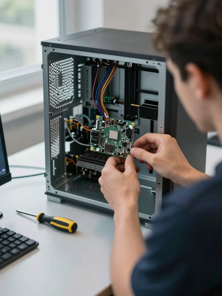Close-up over-the-shoulder shot of a technician's hands examining an open desktop computer case on a workbench, a screwdriver resting beside the motherboard, cool office daylight from a window at left, shallow depth of field with wiring detail in focus