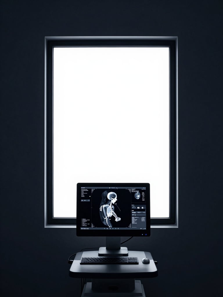 Minimalist corporate photography of a high-contrast medical imaging workstation screen displaying detailed anatomical structures, cool sharp window light, deep navy tones, architectural depth, 35mm lens