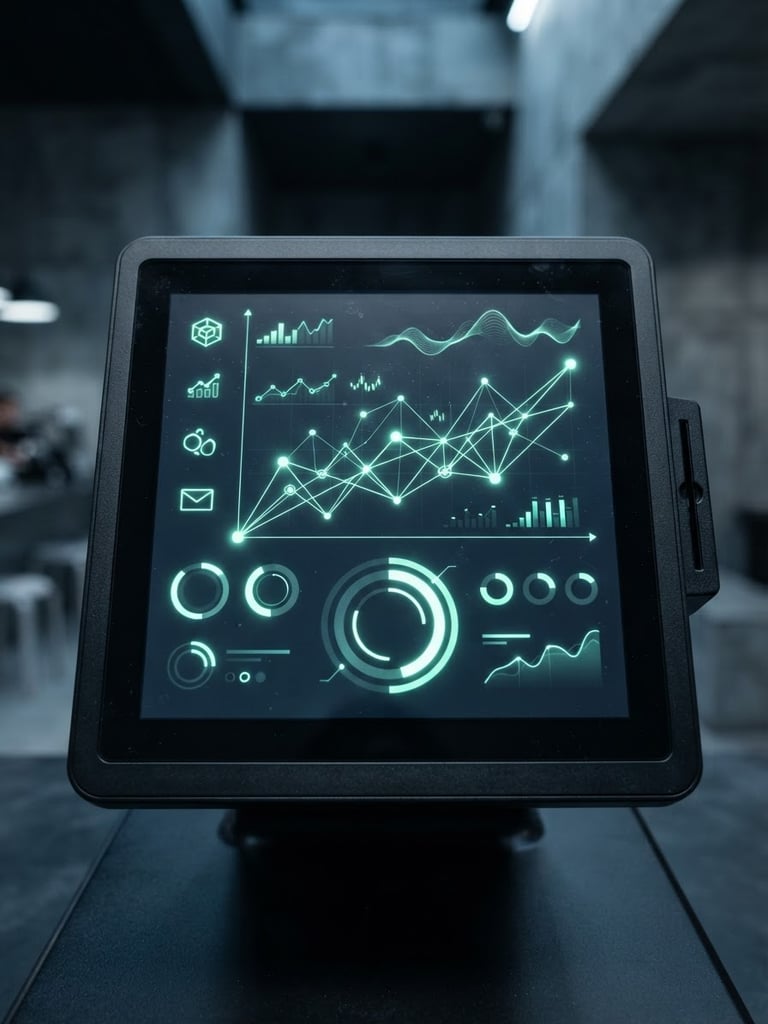 Macro shot of a sleek matte-black POS terminal screen showing a clean financial interface with neon-mint highlights, sharp focus, cool ambient architectural lighting