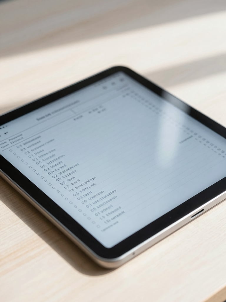 Close-up of a digital ledger on a tablet resting on a clean wooden desk, bright natural daylight, soft slate gray shadows, professional atmosphere.