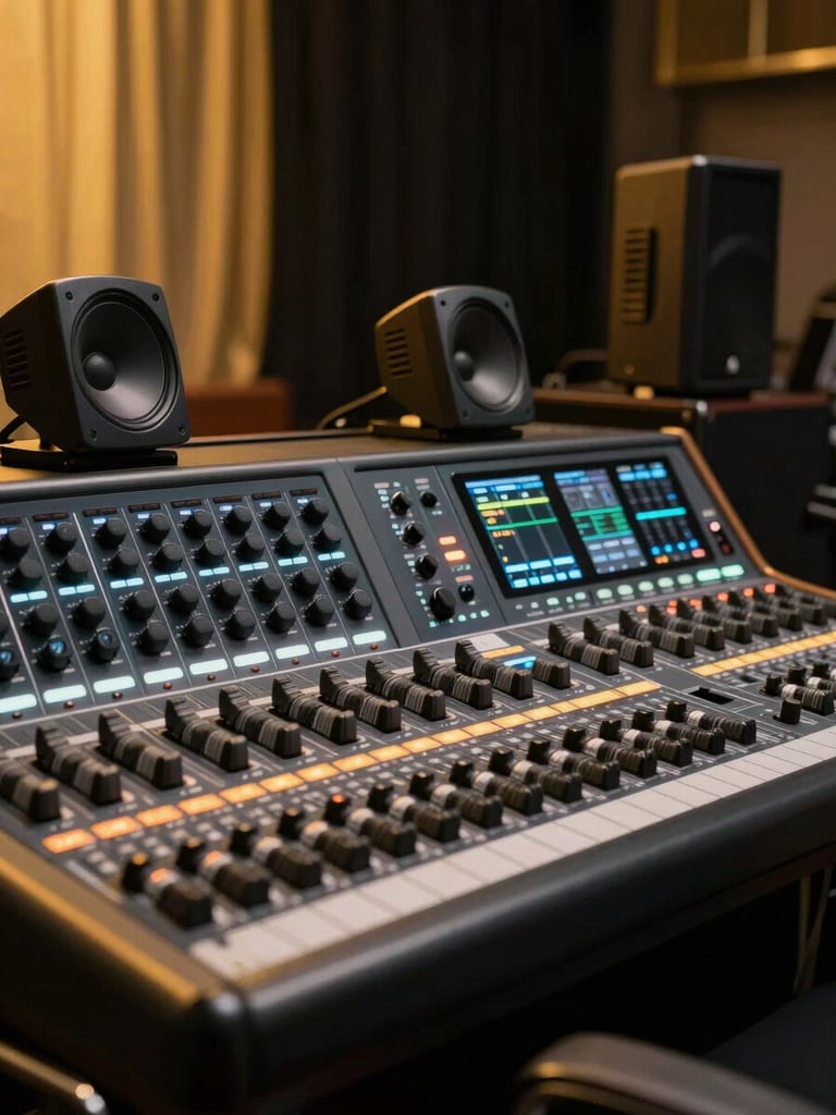Behind-the-scenes event production setup, professional audio consoles and stage monitors in focus, soft warm gold accents, high-contrast editorial lighting