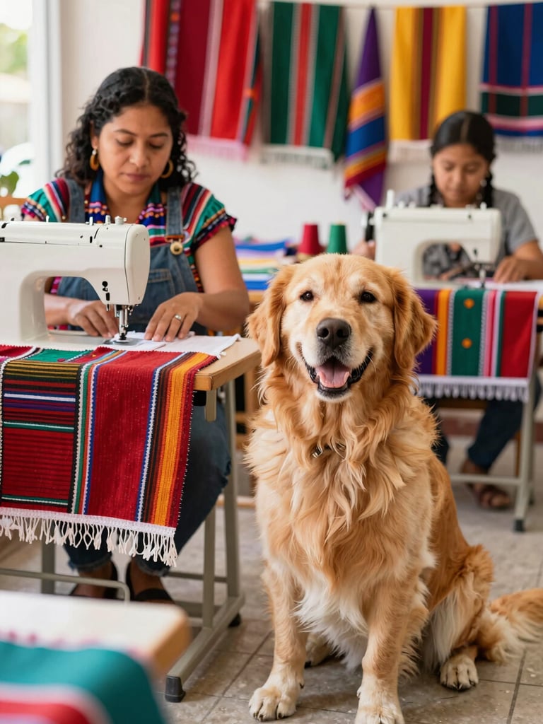 An authentic Mexican family workshop with colorful fabrics, sewing machines, and a happy golden retriever sitting nearby, warm daylight