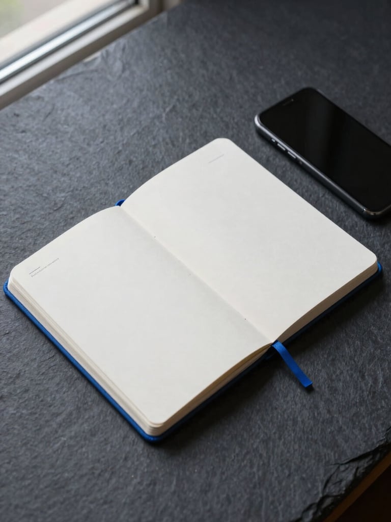 A clean flat-lay of modern developer tools, a sleek notebook, and a smartphone on a dark slate surface, sharp focus, cool studio lighting.