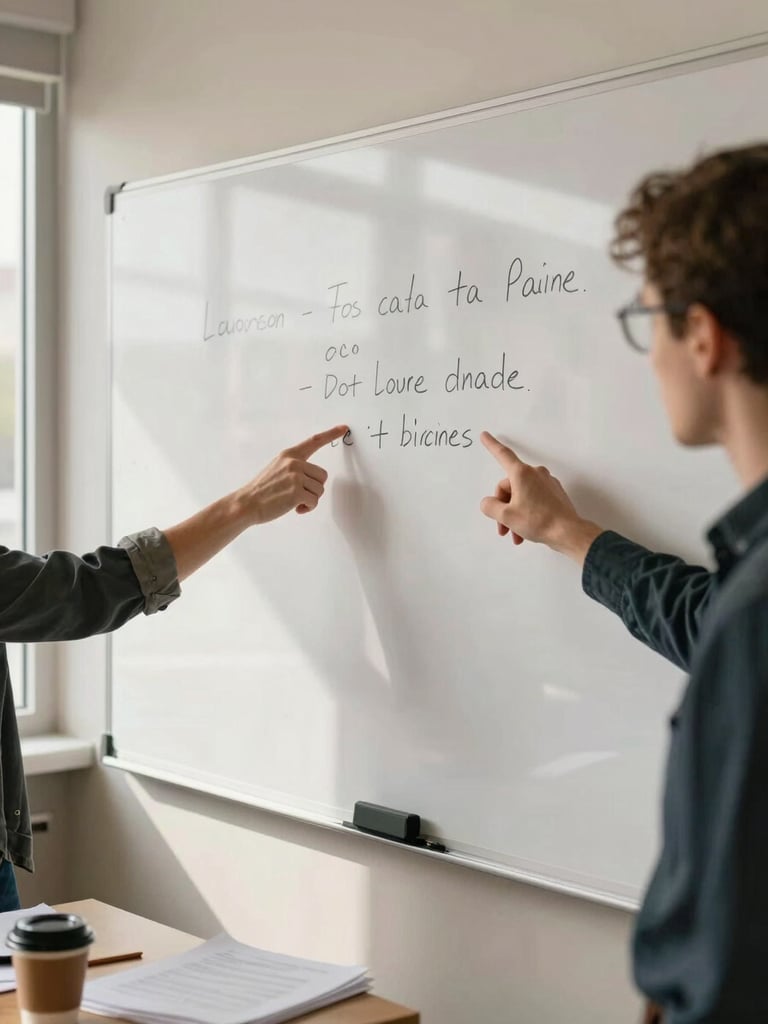 Close environmental shot of two sets of hands pointing at marker notes on a whiteboard in a warm-lit planning room, natural north-facing daylight, papers and coffee cups visible on the table edge, wide enough to show the working context