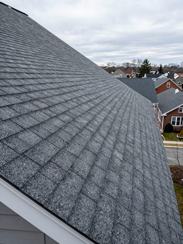Wide panoramic shot of a steep residential roofline freshly shingled, viewed from ground level looking up to the right, natural overcast daylight, asphalt shingle rows crisp and even, ridge cap tight, fascia and drip edge visible at bottom left, Rochester neighborhood rooftops in background distance
