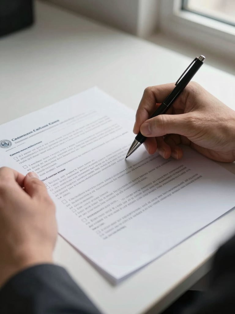 Close-up of hands reviewing a printed grant application on a clean desk — one hand holds a pen marking a checkbox, the other steadies the document, natural window light from the right, crisp shadows on white paper, no people's faces visible, government form letterhead partially visible at the top edge