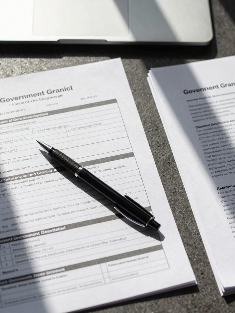 Close-up overhead flat-lay of a desk surface under natural window light — a completed government grant application form with handwritten entries, a pen resting across the pages, a stapled document set to the right, and a laptop partially visible at the top edge. Clean, daylight-lit, no people.