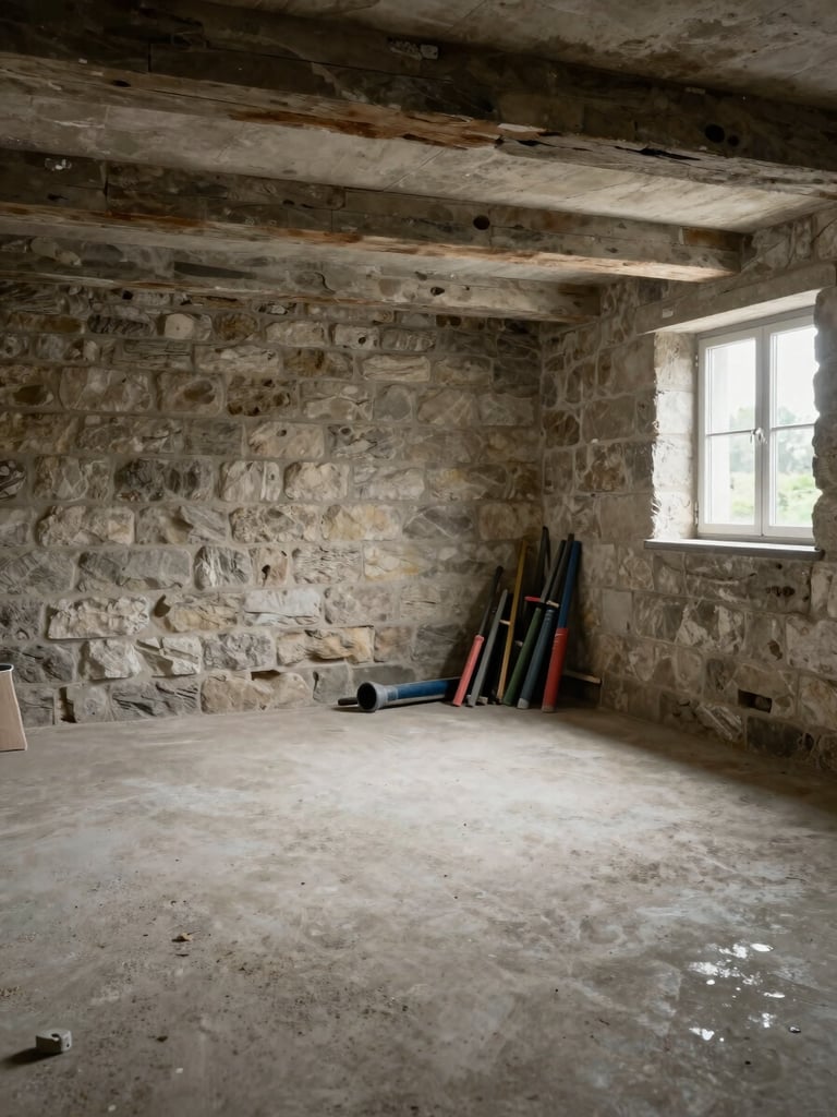 Wide documentary shot of a cleared basement room in Brittany, bare stone walls, empty concrete floor, overcast daylight from a small ground-level window on the right, tools stacked neatly against the far wall