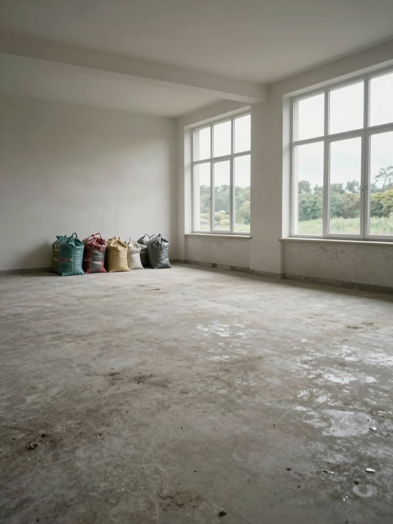 Wide documentary shot of a large emptied room interior in Brittany, bare concrete floor freshly cleared, natural overcast daylight through tall windows on the right, a few sorted bags stacked near the far wall, no people visible, scale of the cleared space dominant