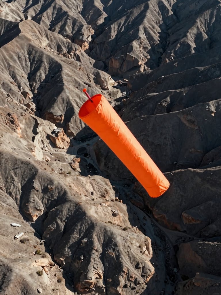 High-contrast aerial photograph of an orange wind sock blowing taut against a rugged Idaho desert canyon background, crisp morning light, desaturated earth tones