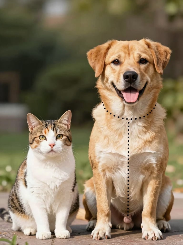 Stylized illustration of a cute cat and dog with dotted lines showing where to measure neck, chest, and back length, warm colors, clear and tierno visual style.