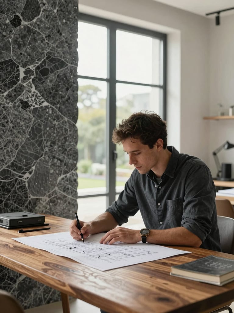 Góc chụp thẳng đứng cận cảnh một kiến trúc sư TuyO Home đang làm việc với bản vẽ kỹ thuật trên bàn gỗ sồi ấm, bên cạnh là mẫu vật liệu đá basalt xám, ánh sáng tự nhiên từ cửa sổ lớn.
