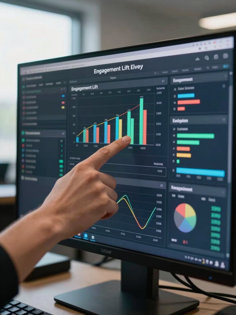 Close-up of a campaign performance dashboard on a monitor—engagement lift metrics and cohort charts visible mid-campaign, a hand pointing to a key data point, natural daylight from a window to the left, cool ambient office light