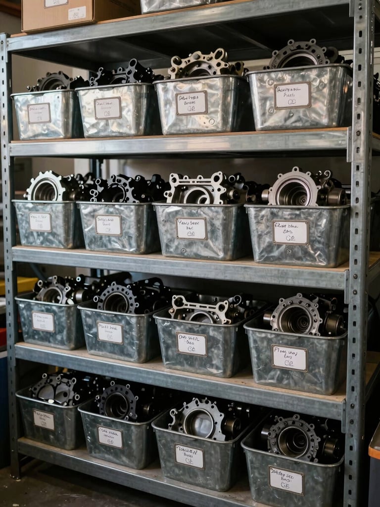 Close-up of organized salvage yard storage shelving, metal bins with handwritten reference labels facing the camera, engine blocks and gearbox units arranged in rows under indirect workshop lighting, no people, diffuse natural light from above