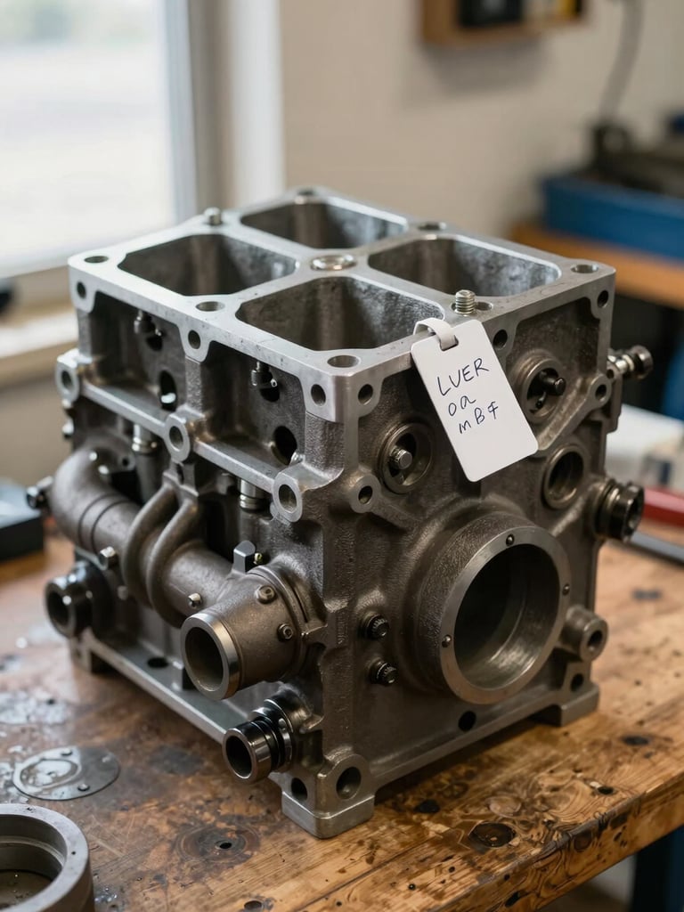 Close-up documentary shot of a cast-iron engine block resting on a wooden workbench, a white paper ID tag with handwritten part number tied to the intake manifold, diffuse workshop daylight from the left, tight framing showing bolt heads and machined surfaces in sharp detail, no people