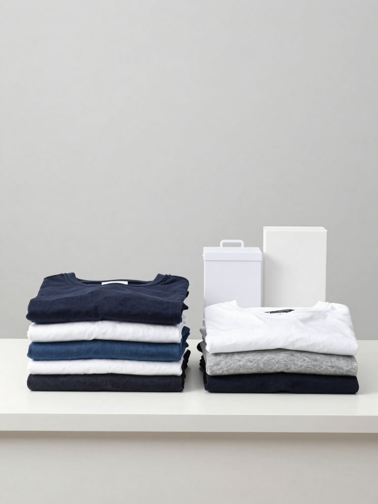 Clean studio catalog shot of neatly folded apparel and structured office supplies arranged side-by-side on a crisp white surface, bright natural lighting.