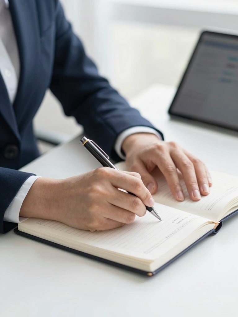 Close-up of hands writing financial plans on a notebook with a pen, a tablet visible in the background, in a modern, bright office. Soft natural daylight, corporate navy and clean white tones, shallow depth of field, 35mm lens.