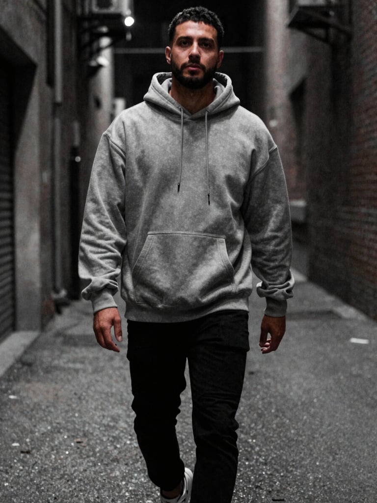 Low-angle candid shot of a man walking down a raw urban alleyway at night, wearing a heavy steel-grey hoodie, moody low-key lighting