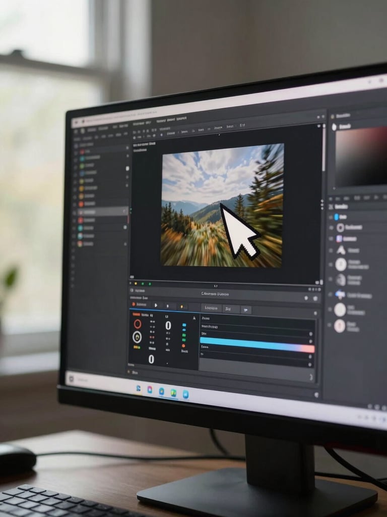 Screen recording of an AI tool interface open in a browser, cursor visible mid-action, natural daylight from a window to the left, shallow depth with the monitor filling the frame