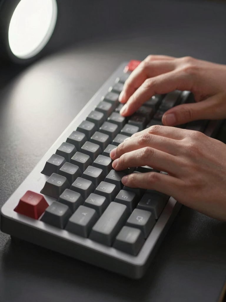 Wide-frame close-up of hands typing on a mechanical keyboard, screen glow reflecting on fingertips, clean studio key light from the left, dark desk surface visible, sharp focus on the keys