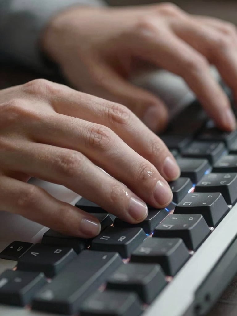 Close-up of hands resting on a mechanical keyboard, screen glow reflecting off fingertips, a tool interface visible in soft focus behind — clean studio key light, cropped tight to show the action