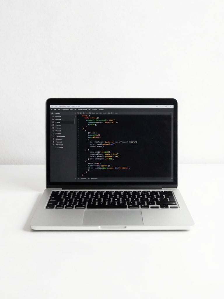 Minimalist clean workspace with a laptop open showing code, bright natural daylight, sharp focus, high-contrast monochrome tones