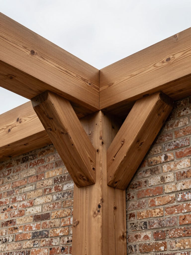 Tight architectural crop of heavy timber beams meeting a brick wall, natural overcast light showing raw wood textures, unposed scale.
