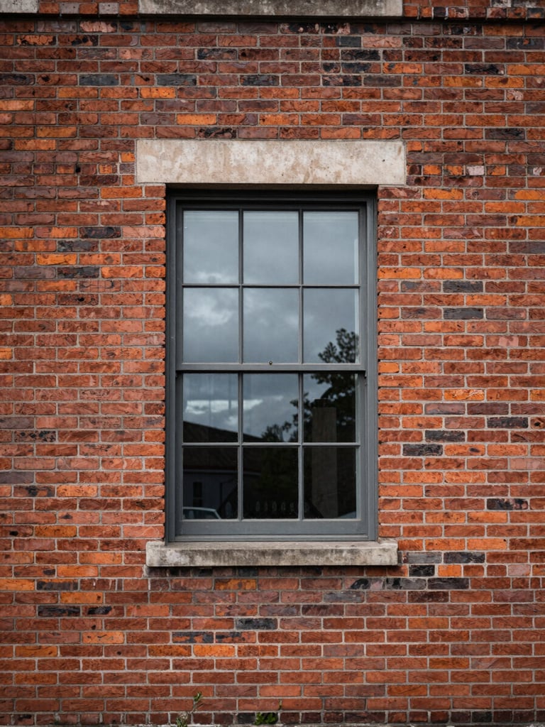 Flat-on architectural crop of a mid-century brick facade, a single steel-framed window reflecting overcast diffuse daylight, clean lines, no distortion.