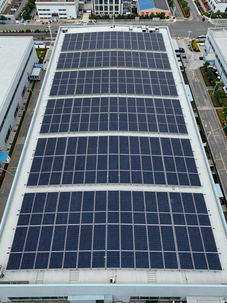 Wide aerial view of a completed large-scale commercial rooftop solar array, rows of dark blue panels covering an industrial facility roof, overcast daylight providing even exposure, no glare, urban industrial surroundings visible at the edges, shot from directly above showing full installation scope