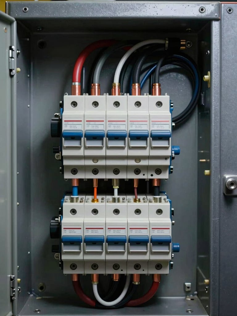 Close-up of industrial electrical switchgear internals — busbars, circuit breakers, and cable terminations under studio strobe lighting, sharp focus on copper connections and labelled breaker handles, dark steel cabinet frame visible at edges, no people