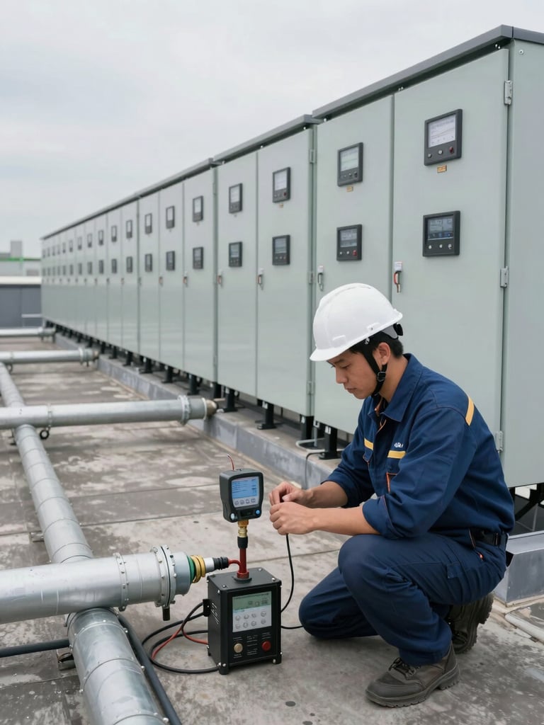 Wide panoramic shot, technician in hard hat crouching over a portable meter reading live current at a rooftop combiner box, wiring conduit runs receding to the left, overcast daylight providing even exposure on the panel rows behind him, instrument display sharp in foreground