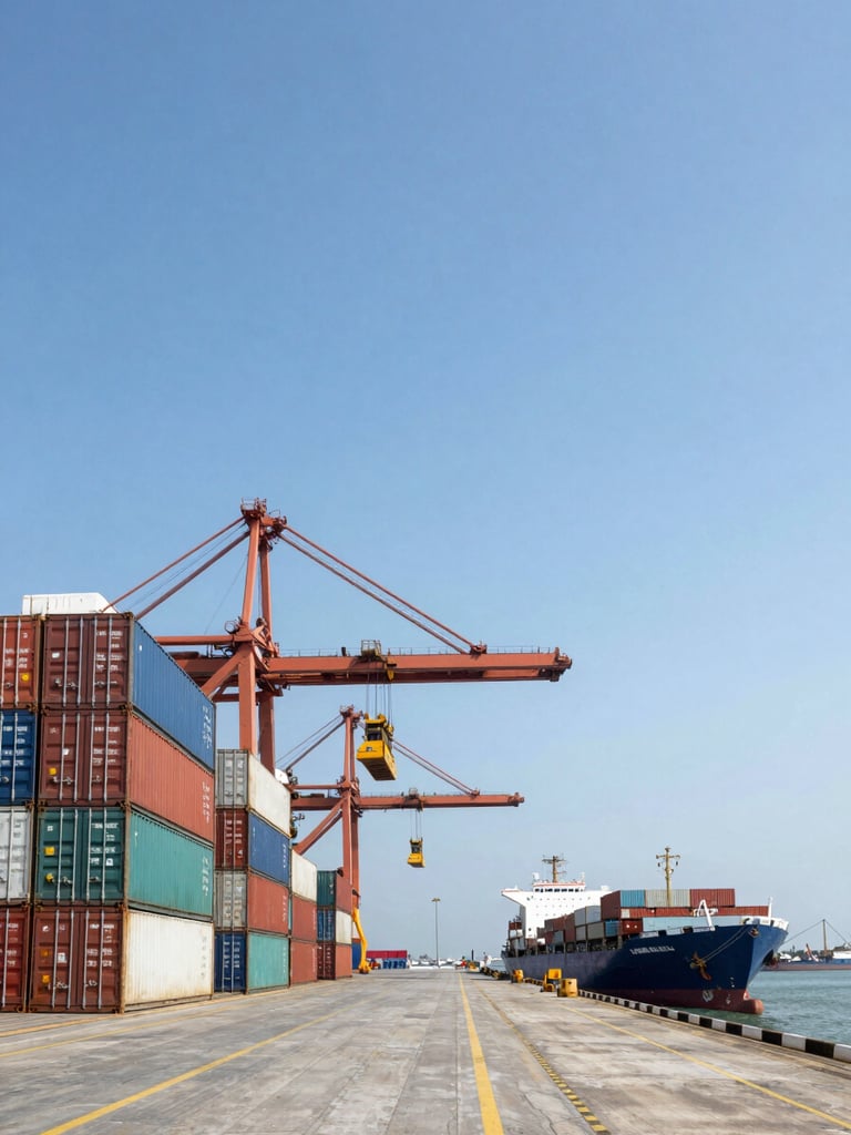 Wide panoramic shot of Makassar port at midday, reefer containers stacked on the left third being loaded by crane, a cargo ship visible at the far dock, industrial daylight with no filters, generous open sky occupying the upper half of the frame
