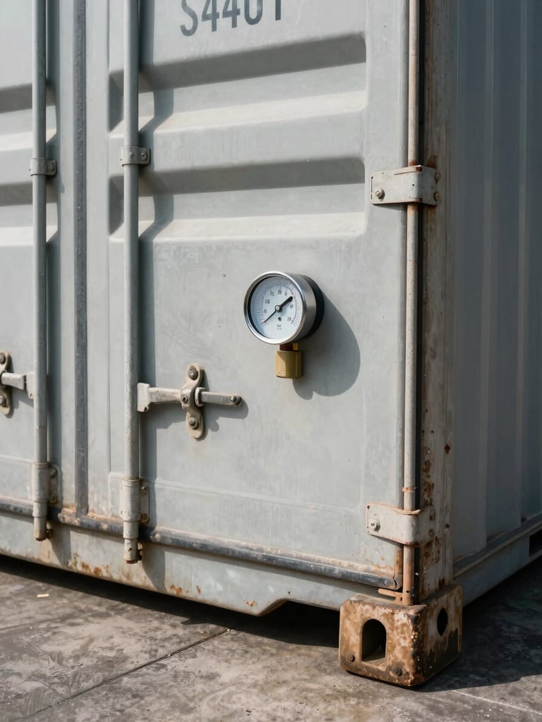 Close-up of a reefer container door seal and temperature gauge on a loading dock in natural daylight, container number stencilled clearly on steel, concrete floor visible below, no people, industrial texture