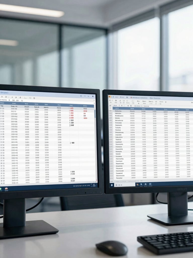 Macro shot of dual-monitor setups showing complex financial data tables in a clean, daylight-filled Bengaluru corporate office, 35mm crisp photography