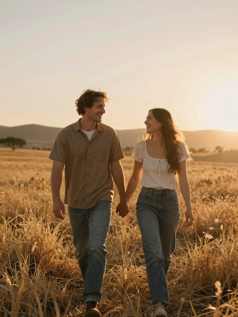 A couple walking hand-in-hand through a golden California meadow, laughing naturally, back-lit by warm sunset light, cinematic 35mm style