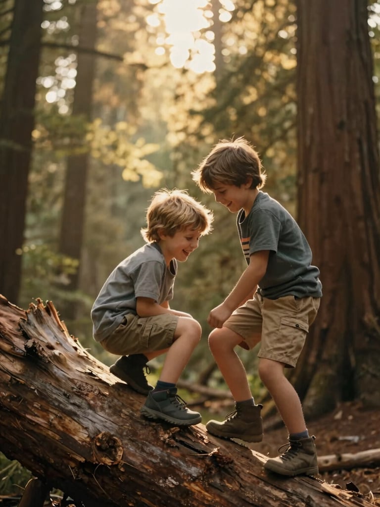Cinematic portrait of two young boys climbing a fallen redwood trunk, laughing, warm golden hour light filtering through trees, shallow depth of field