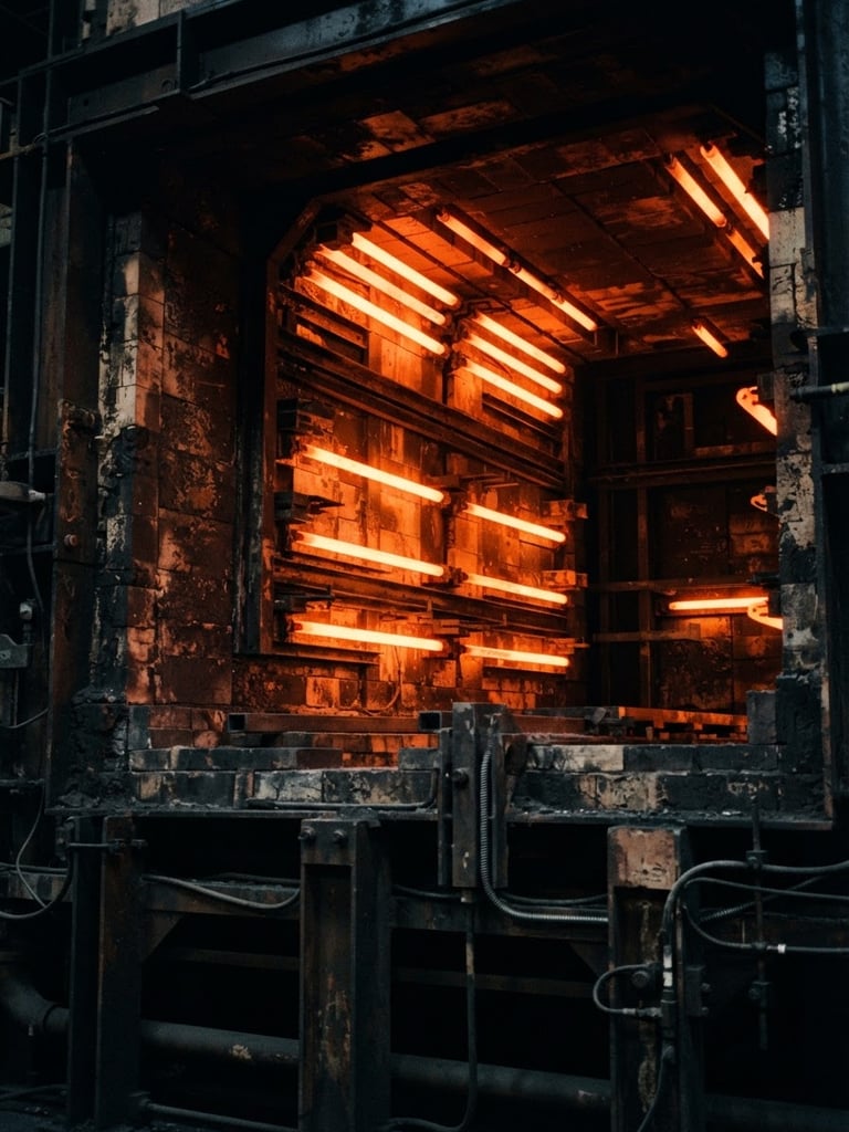 Dramatic high-contrast industrial photograph of a heavy-duty furnace chamber interior, glowing bright orange heating elements, deep shadows on dark steel linings, sharp focus, 35mm