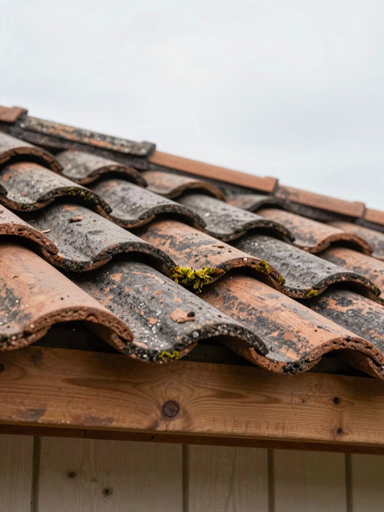 Close-up architectural photograph of a craftsman cleaning clay roof tiles, removing moss, bright overcast daylight, sharp focus on tile texture, 35mm lens.