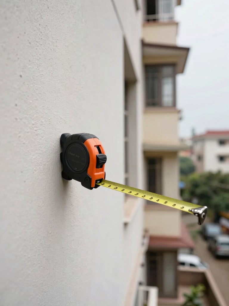 Close view from the left side of a certified valuer measuring the exterior wall of a mid-rise residential building, steel tape measure extended, natural daylight, urban Indian property in background, no faces visible