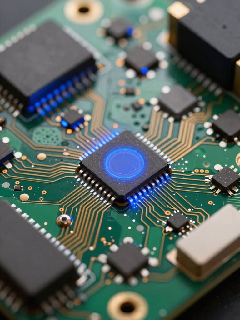 Macro shot of a printed circuit board under intense blue and green calibration lights, revealing intricate gold traces and silicon components.
