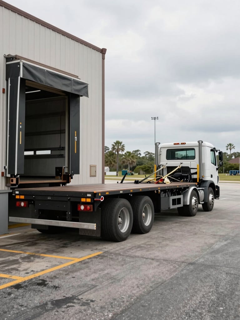 Wide environmental shot, a flatbed truck backed up to a loading dock at a coastal Carolina freight facility, daylight, overcast sky, cargo straps visible on the deck, no people in frame
