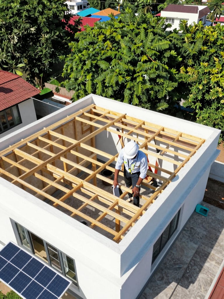 A professional structural engineer in a white hardhat performing a roof survey on a Hyderabad villa under bright Indian sunlight, checking structural integrity.