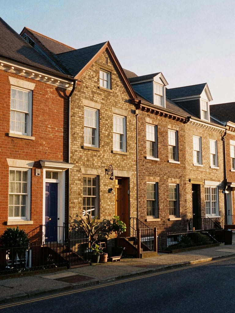 Wide environmental shot of a historic neighborhood streetscape with brick houses under warm golden-hour light, natural shadows, 35mm