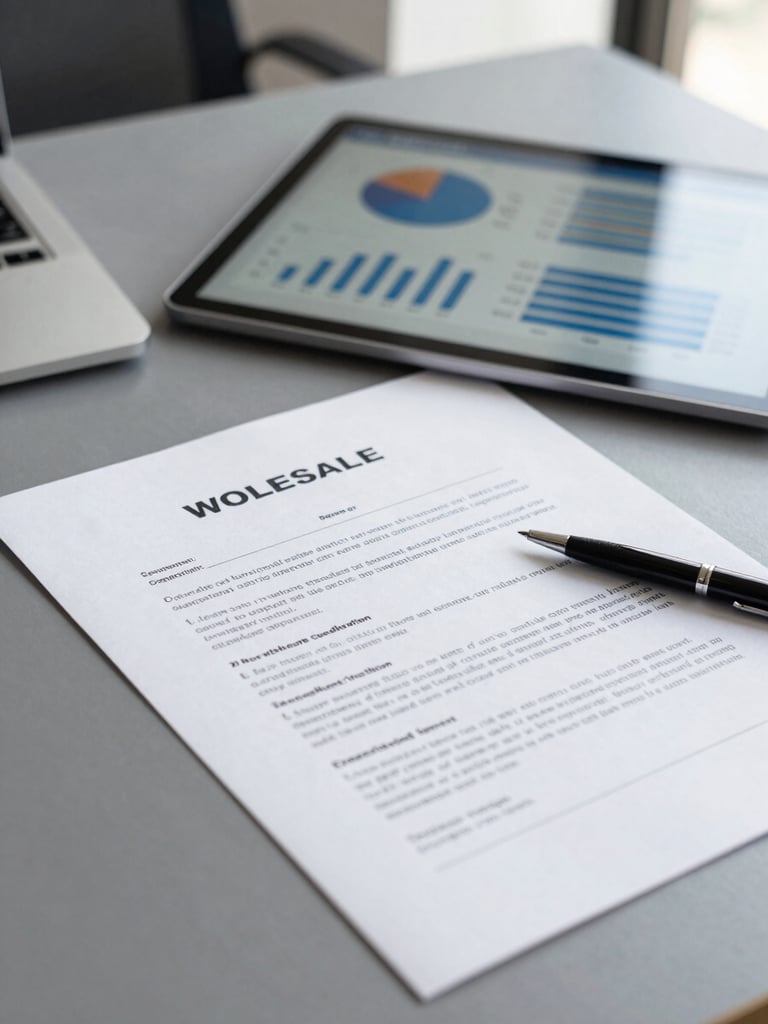 Close-up of a clean corporate workspace with a tablet displaying business charts, a signed wholesale agreement on textured paper, and a sleek pen under bright natural office daylight, sharp focus, 35mm.