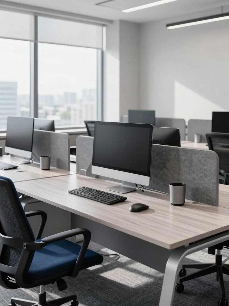 Professional corporate office environment with clean modern desks, natural daylight streaming through windows, slate gray tones, sharp focus, 35mm