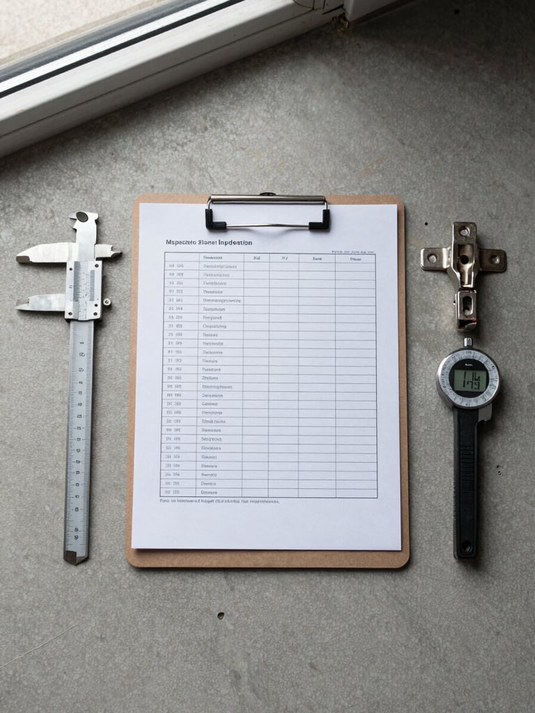 Overhead flat-lay on a grey concrete floor: steel measurement callipers, a printed inspection checklist on a clipboard, a digital gap gauge, and a door hinge removed for inspection, natural daylight from a high window, sharp documentary framing