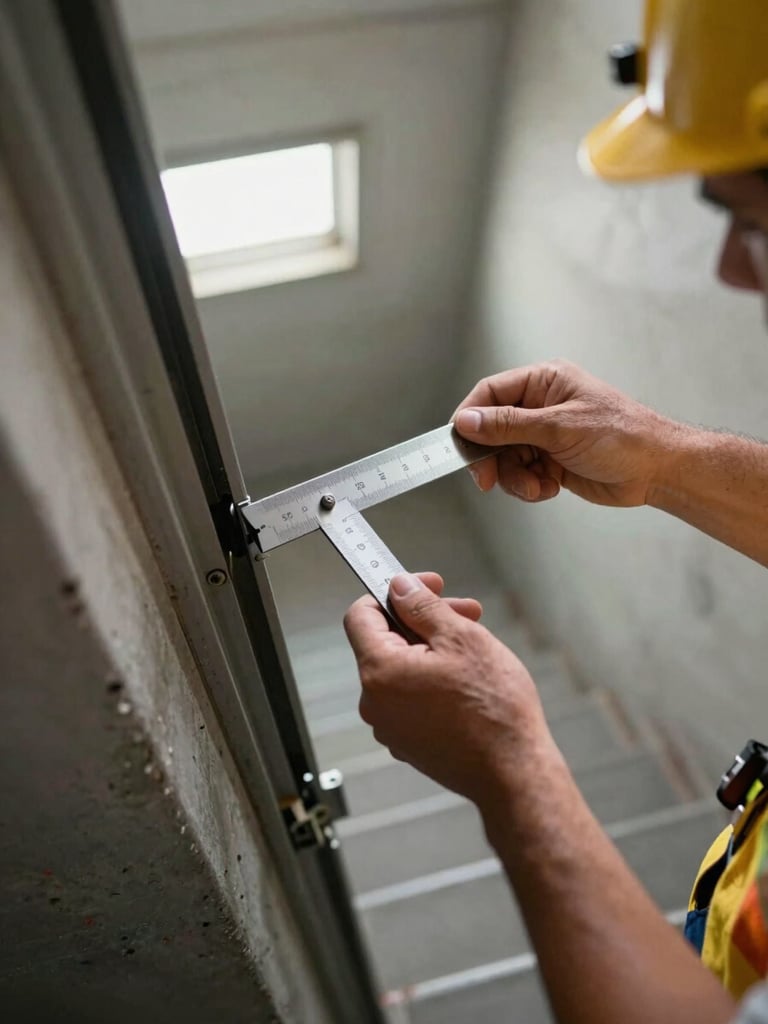 Close overhead view of a surveyor's hands holding a steel gap gauge against a fire door frame edge in a commercial stairwell, natural overhead ambient light, concrete walls, door seal detail sharp in foreground