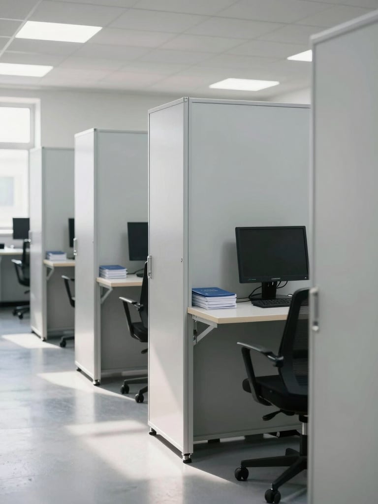 Bright natural daylight photo of an organized industrial office archives room, professional corporate setup, sharp focus, realistic colors